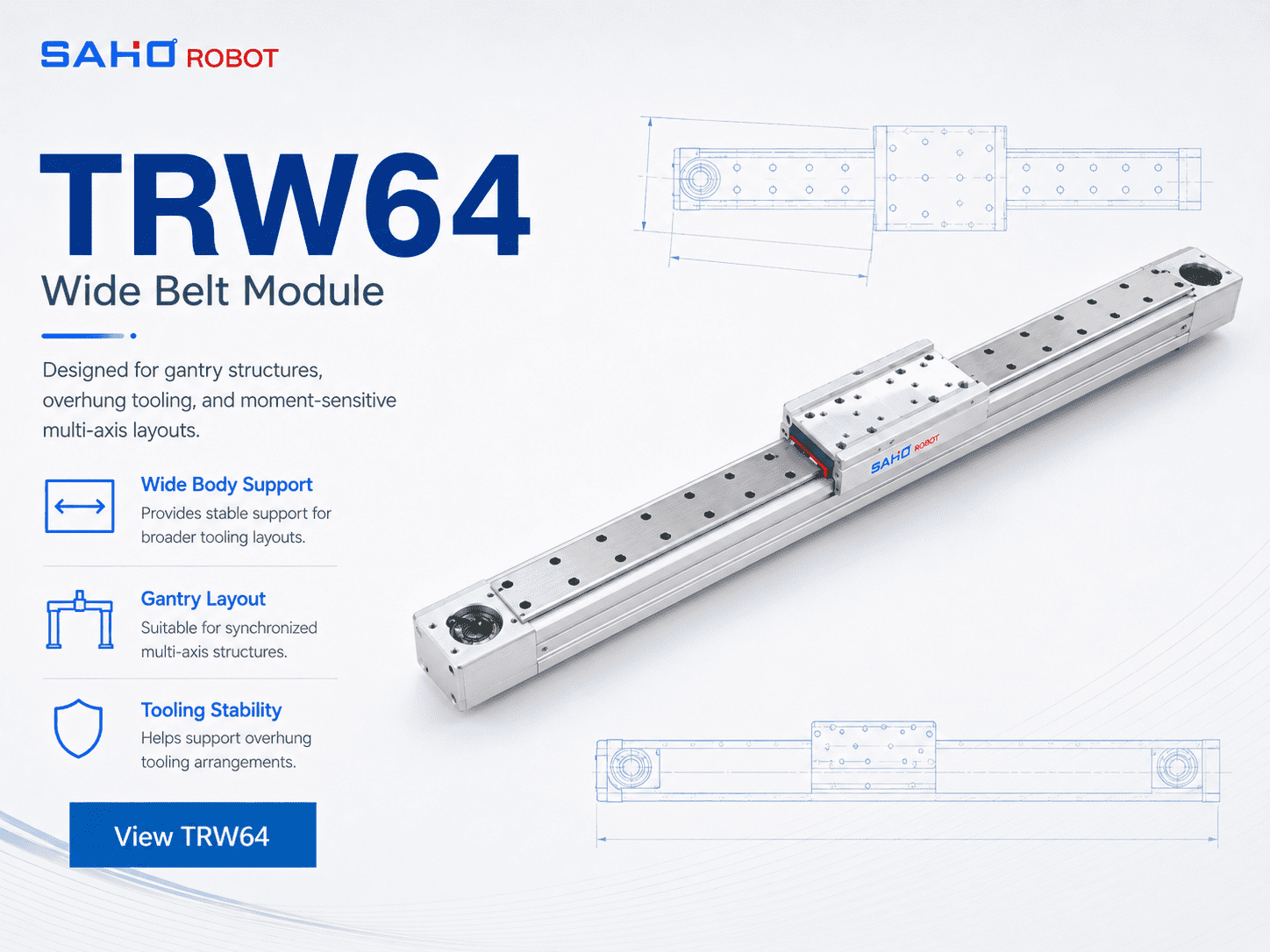 TRW64 wide linear belt actuator for gantry structures and moment-sensitive layouts