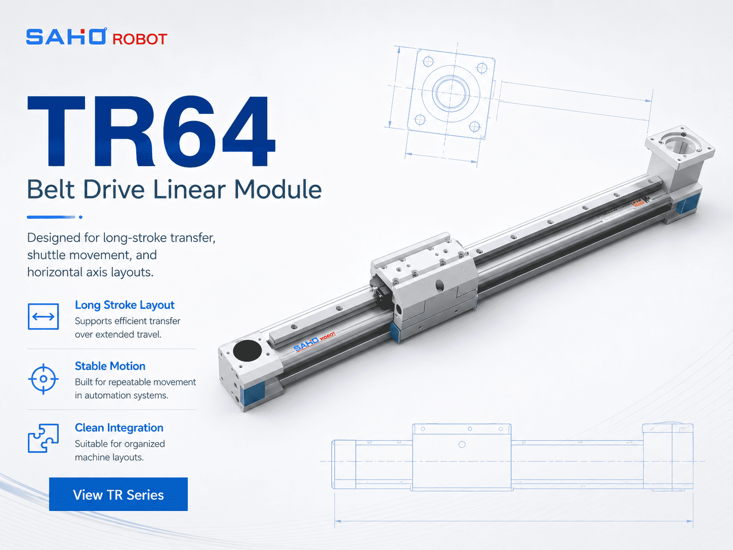 TR64 linear belt actuator for long-stroke transfer and horizontal axis layouts