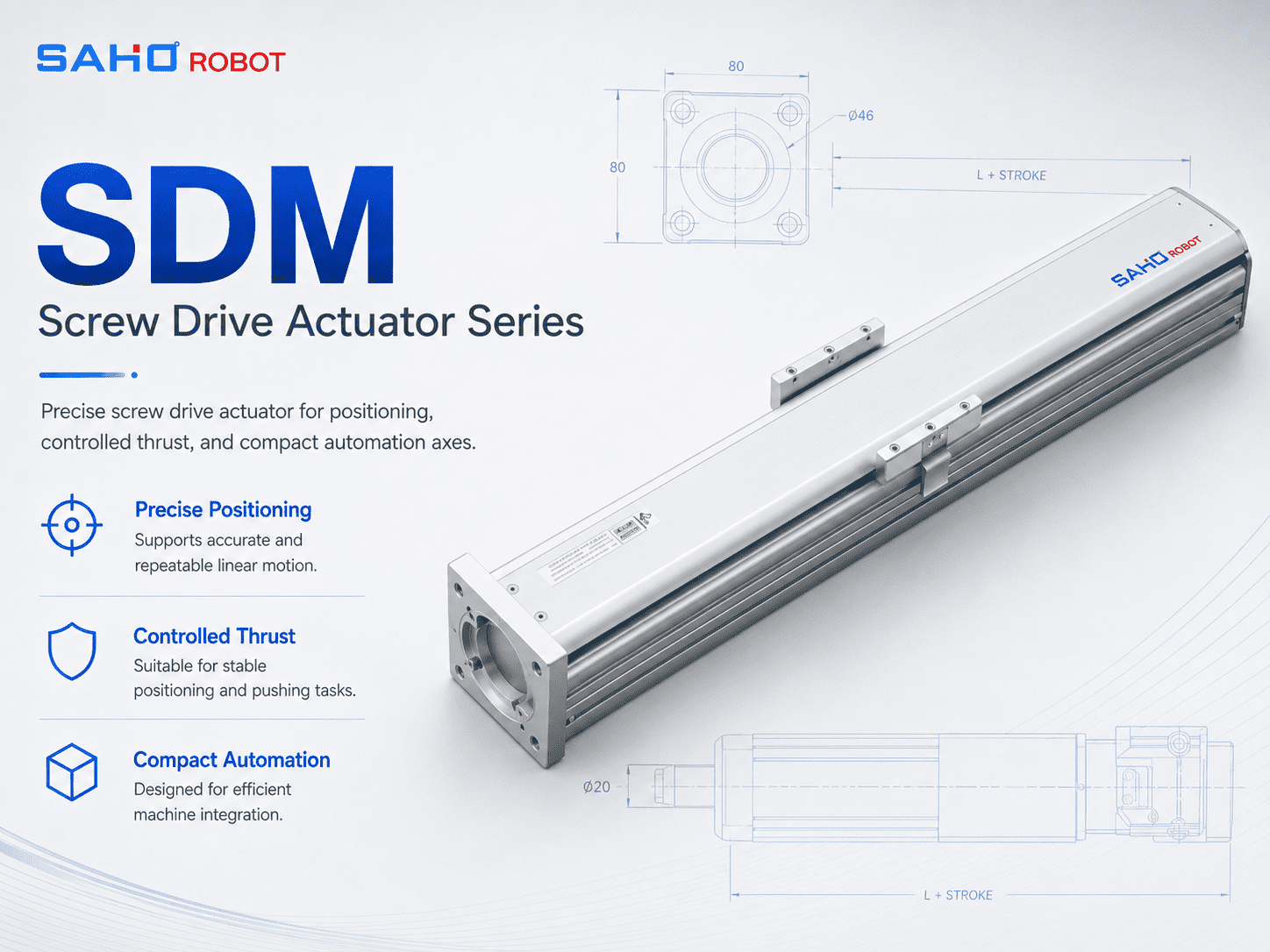 SAHO SDM Series screw drive actuator for precision positioning and compact automation axes