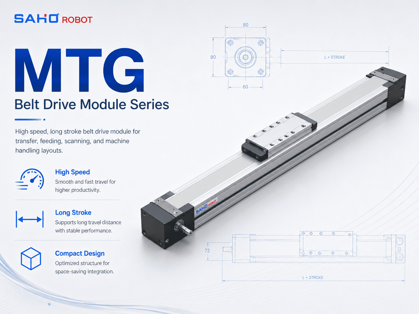 SAHO MTG Series belt drive module for long-stroke transfer and factory automation