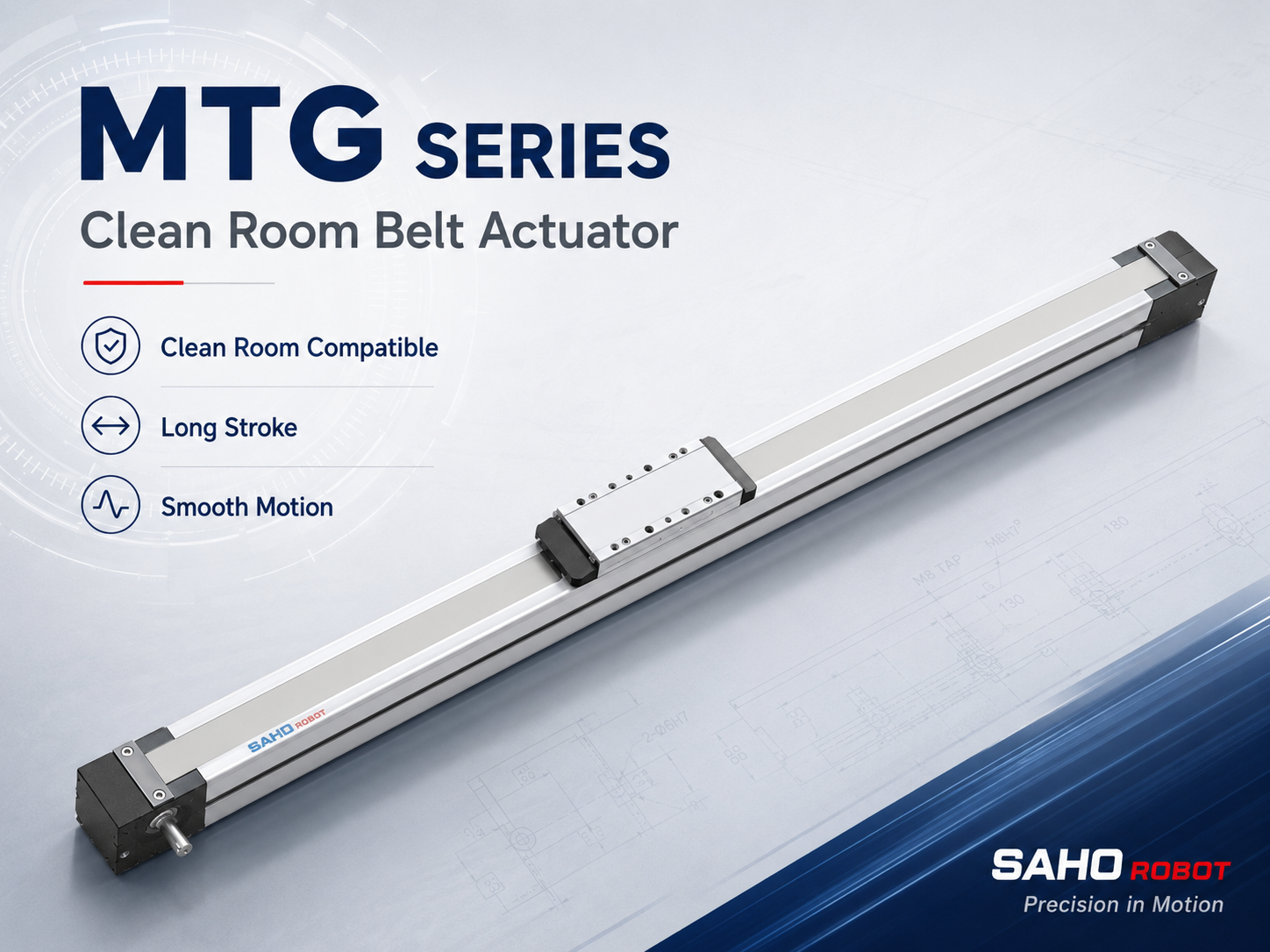 SAHO MTG clean room belt driven linear actuator for cleaner packaging electronics transfer and precision automation