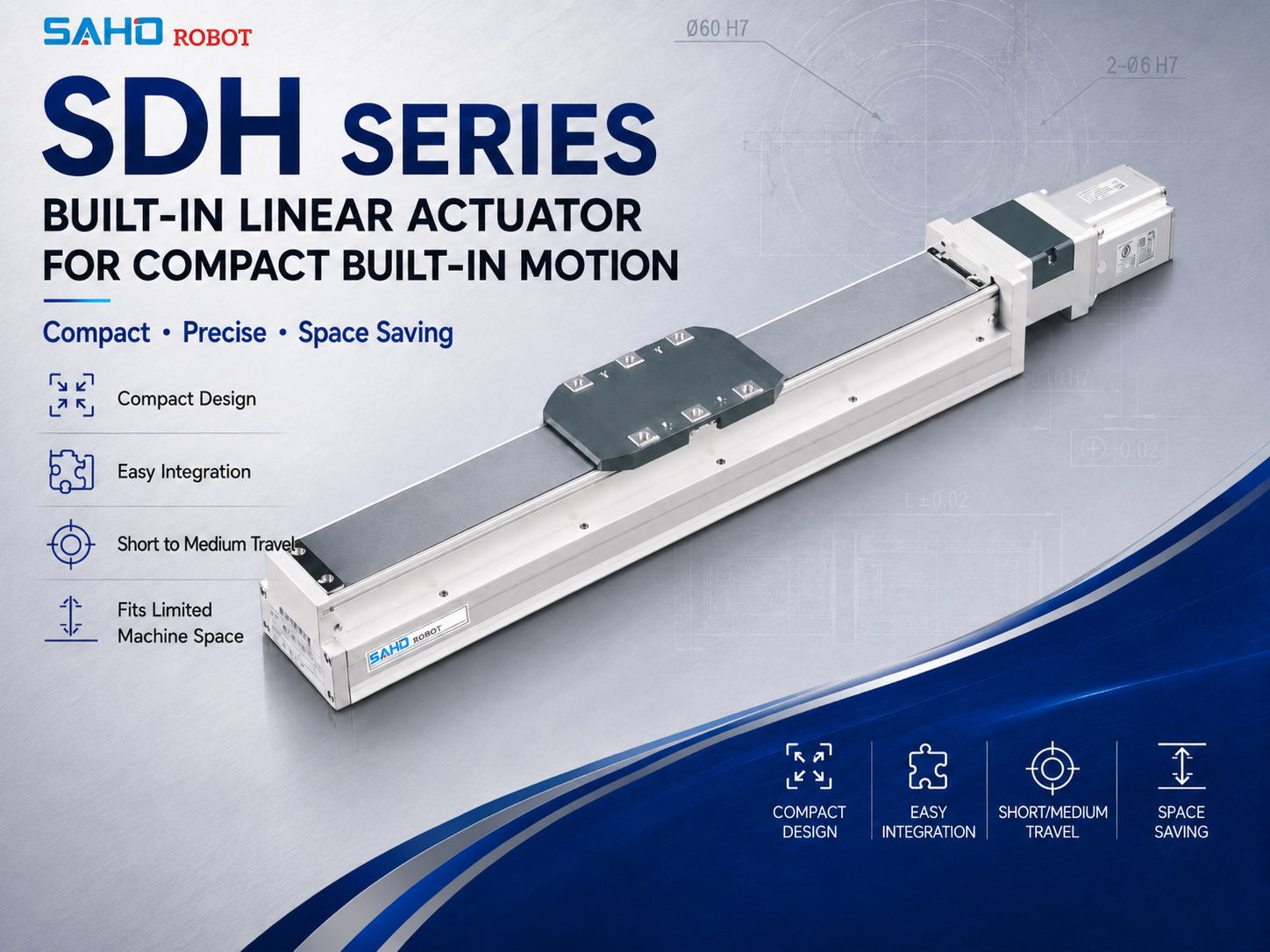 SAHO SDH Series compact screw drive actuator for built-in vertical motion and limited machine space