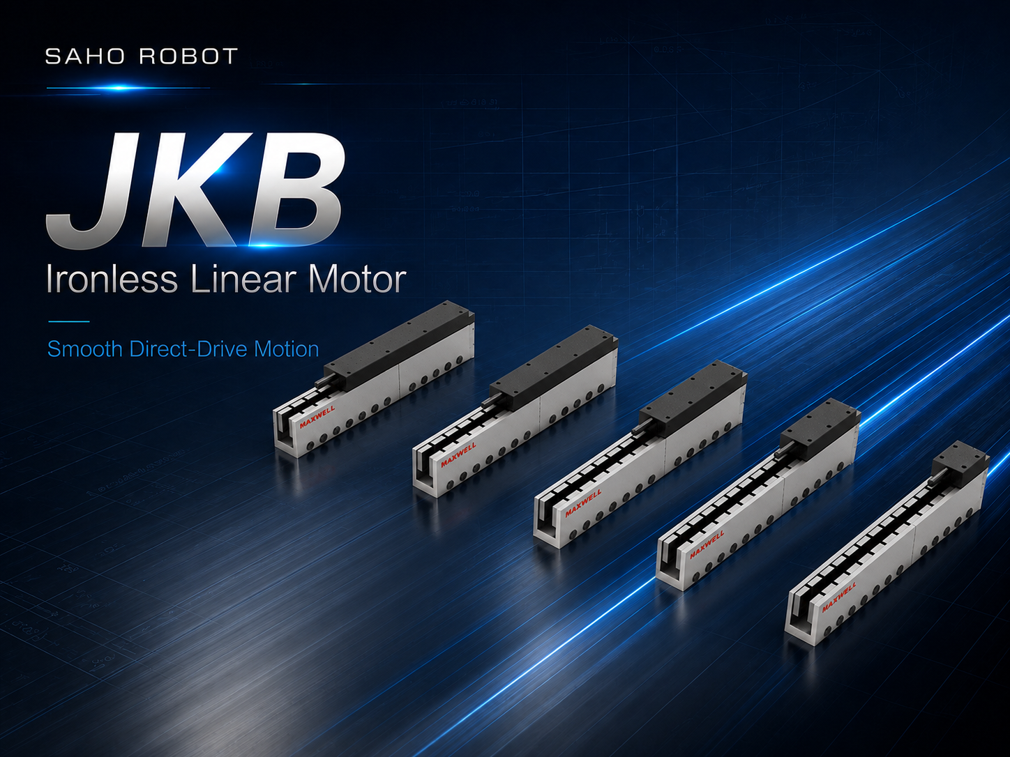 SAHO JKB ironless linear motor mover and stator configuration