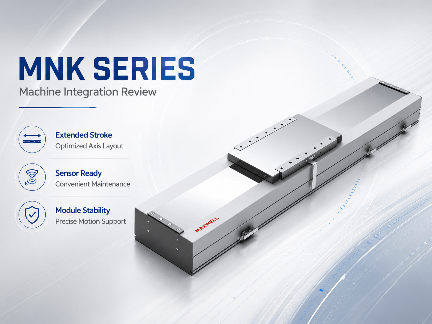 Long-stroke linear motor module layout for carrier, tooling, sensor, guard and service-space review